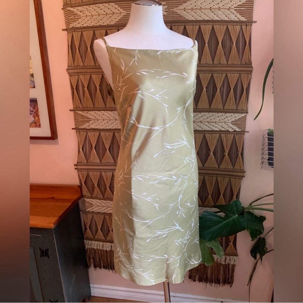 Vintage 1990's Light Green & White Printed Satiny Mini Slip Dress